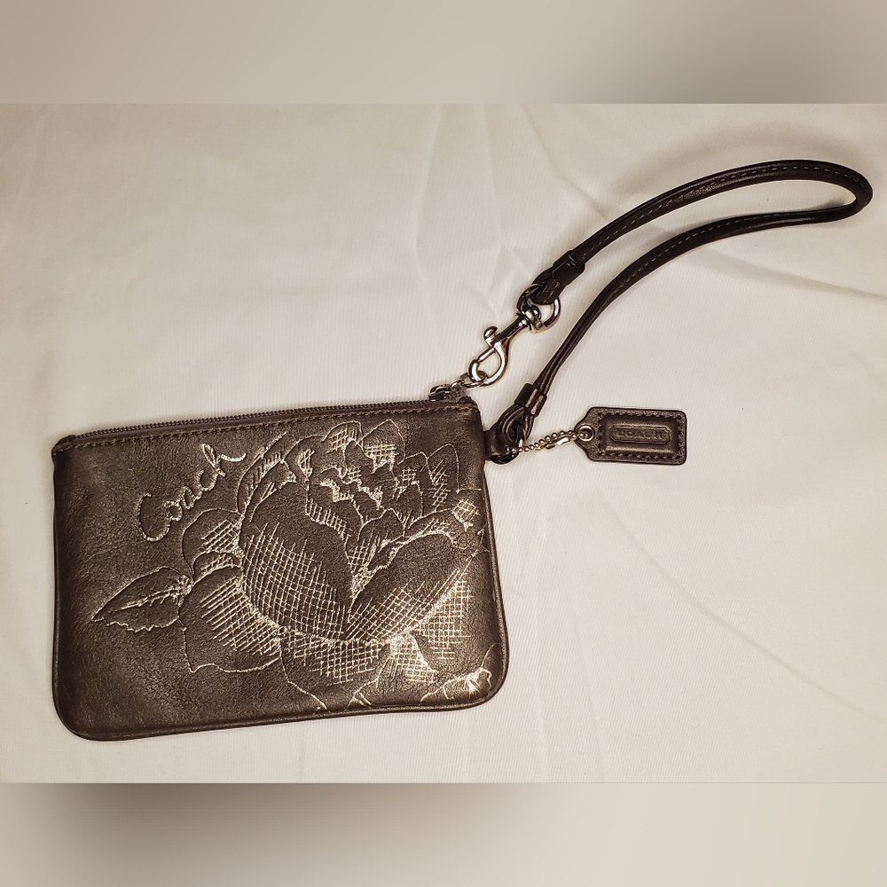 Coach floral leather wristlet pouch in grey and silver